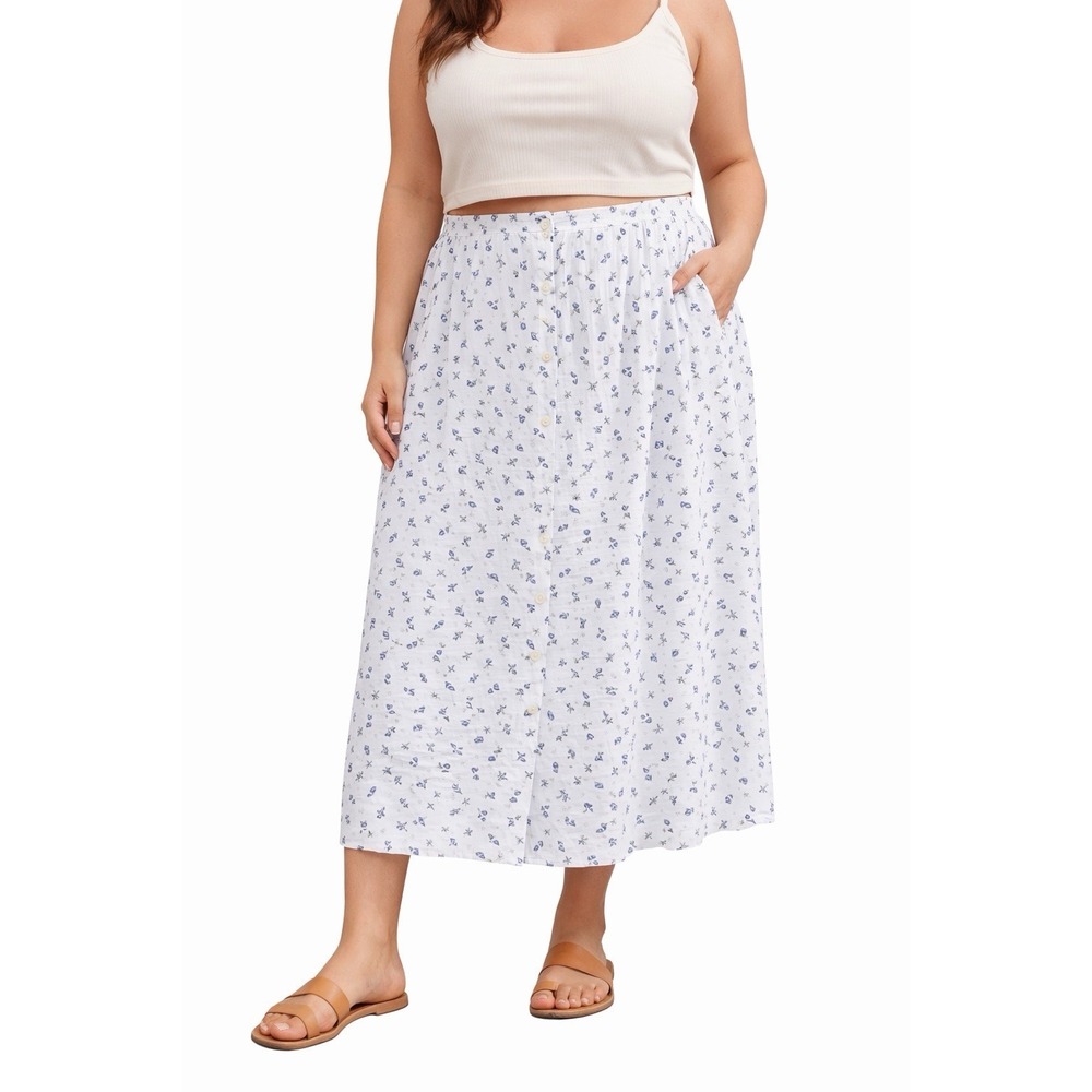 Sostanza Floral Midi Skirt XL Button Front Rayon Cottagecore Boho